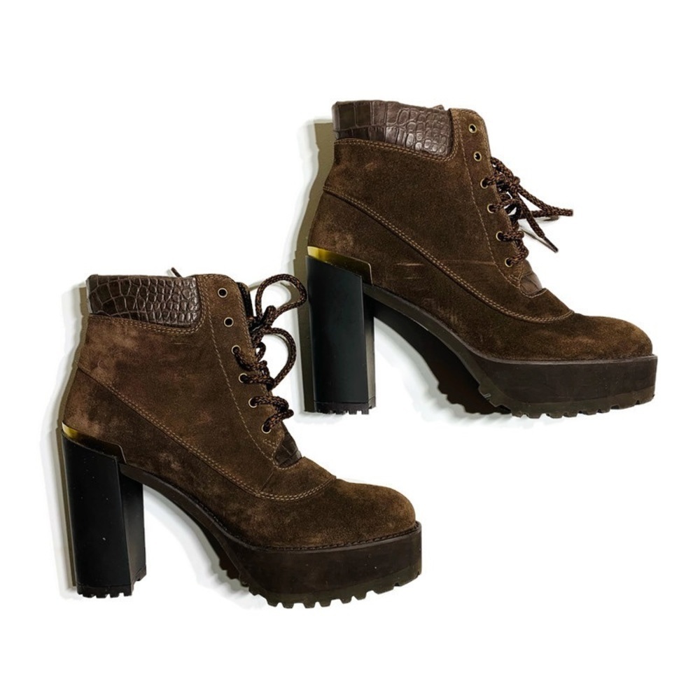 Stuart Weitzman brown chunky heels suede lace up platform boots